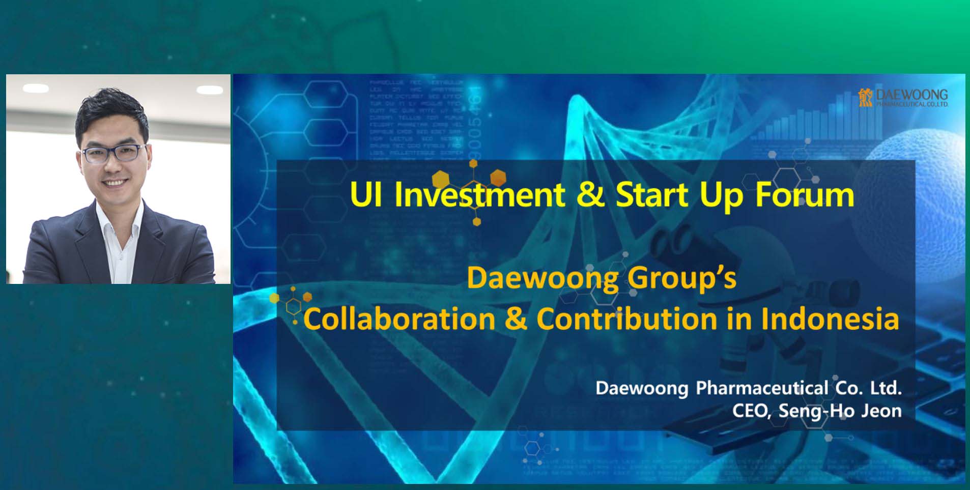 (Image) Presentasi CEO Daewoong Pharmaceutical Jeon Seng-ho di Forum UI pada 14 April